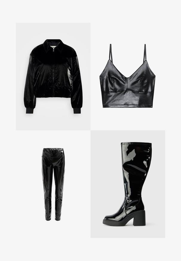 Veste bomber en velours noir avec un col, fermeture éclair frontale, poignets et ourlet côtelés. Texture brillante avec une coupe décontractée et des épaules tombantes.; Bralette noire et brillante avec des fines bretelles réglables, présentant un décolleté en V, une texture lisse et un léger plissé au niveau de la poitrine pour la forme.; Pantalons noirs taille haute en matériau brillant et réfléchissant, avec une texture lisse ; design ajusté se rétrécissant aux chevilles.; Bottes en cuir verni noir, arrivant jusqu'aux genoux, avec une surface lisse et brillante, des orteils carrés et des talons épais noirs. Coutures décoratives sur le côté.