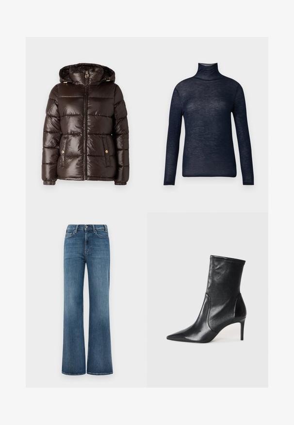 MICHAEL Michael Kors ULTRA LIGHTWEIGHT PUFFER - Veste d'hiver - chocolate; Haut col roulé bleu marine en tissu léger, avec des manches longues et une silhouette ajustée. Texture lisse avec un minimum de détails.; Jean en denim bleu avec une coupe large, fermeture à bouton et à zipper, et poches avant et arrière, présentés sur un fond blanc uni.; Bottes noires à la cheville en cuir lisse, dotées d'un bout pointu, d'un tige ajustée et d'un talon haut fin. Design minimaliste sans quincaillerie visible.
