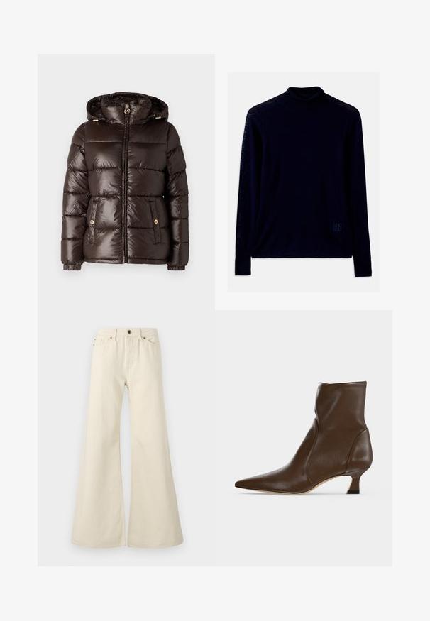 MICHAEL Michael Kors ULTRA LIGHTWEIGHT PUFFER - Veste d'hiver - chocolate; Chandail col roulé à manches longues bleu marine en tissu doux ; présente un col ajusté et un petit logo bleu clair sur le bas à gauche.; Jeans évasés beige clair en coton. Dotés d'une taille haute, de cinq poches et d'une fermeture à bouton avec des détails de couture contrastés.; Bottine en cuir marron à bout pointu et talon bas incurvé sur fond clair.