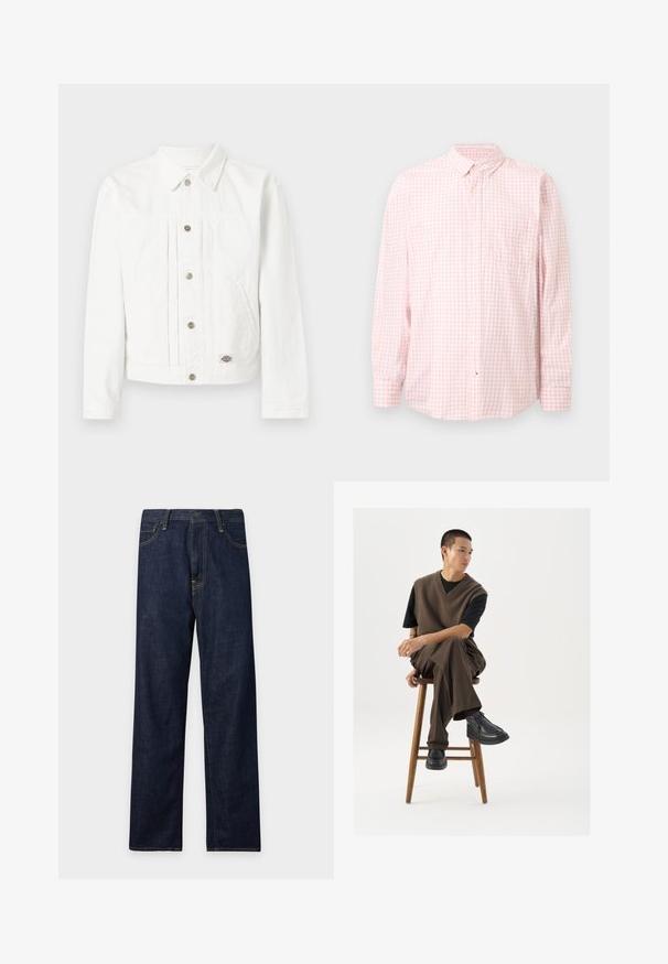 Veste en denim blanc avec fermeture à boutons, deux poches latérales, un col, et une petite écusson logo près de l'ourlet sur un fond uni.; Chemise à manches longues à carreaux rose clair et blanc, boutonnée, avec col et poche poitrine, présentée sur un fond uni.; Jean en denim bleu foncé à coupe droite avec cinq poches et surpiqûres jaunes visibles sur un fond blanc uni.; Gilet en tricot marron sur un t-shirt noir, associé à un pantalon large marron et des chaussures noires à semelles épaisses, assis sur un tabouret en bois.
