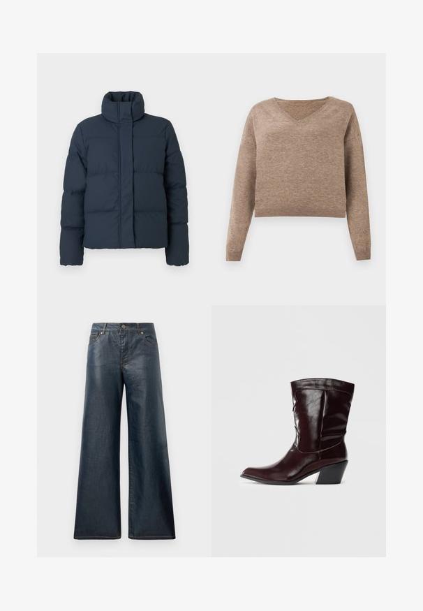 Veste matelassée bleu marine avec col haut, texture matelassée et fermeture éclair sur le devant. Elle dispose de longues manches et d'une coupe carrée.; Pull en maille beige clair avec décolleté en V, manches longues et ourlet côtelé. Texture douce avec un design légèrement court et sans motifs visibles.; Jeans en denim à jambes larges de couleur bleu foncé, dotés de cinq poches, d'une fermeture à bouton à l'avant et de coutures contrastantes le long des coutures.; Bottines en cuir bourgogne avec un bout pointu, une surface texturée et un petit talon effilé. Présente une couture discrète et un ajustement confortable.