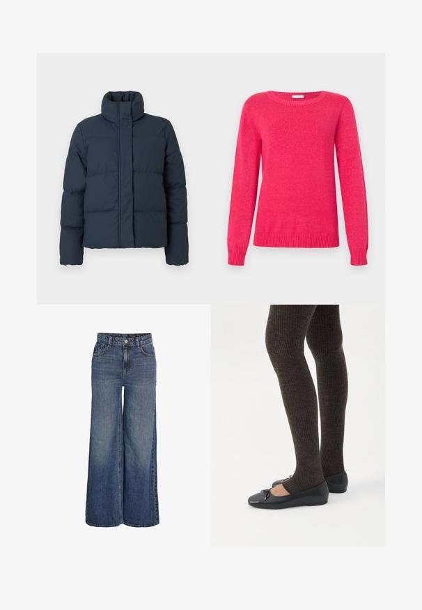 Veste matelassée bleu marine avec col haut, texture matelassée et fermeture éclair sur le devant. Elle dispose de longues manches et d'une coupe carrée.; Pull fuchsia avec un col rond, des manches longues et des poignets et un ourlet côtelés. Confectionné en maille douce avec une texture lisse.; Jean denim bleu à taille haute et jambes larges, avec boutons à l'avant, fermeture éclair, passants pour ceinture et poches avant, présenté sur fond blanc.; Jambes portant des leggings côtelés foncés associés à des ballerines noires avec de petits détails en nœud sur fond blanc.