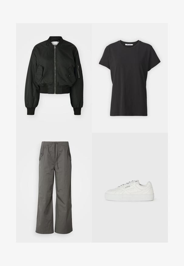 Veste bomber noire avec fermeture éclair à l'avant, grandes poches latérales et poignets côtelés. Fabriquée en tissu lisse et durable avec une coupe courte.; T-shirt en coton noir avec un col rond classique, des manches courtes et une coupe décontractée. Texture lisse, sans motifs ni accents visibles.; Pantalons gris à jambes larges en tissu léger, dotés d'une taille élastique, d'un cordon de serrage et de deux poches latérales avec des accents en bouton.; Baskets blanches montantes avec un design à lacets, détails perforés et "CPNHGN" imprimé sur le côté, sur un fond blanc uni.