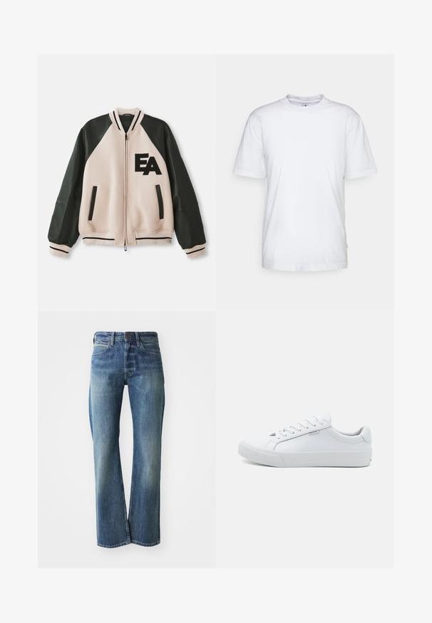 Beige en zwarte varsityjack met leren mouwen, voorzijde met rits, twee verticale zakken en 'EA' logo op de linkerkant van de borst.; Witte katoenen t-shirt met een ronde hals, korte mouwen en een rechte zoom. Heeft een klein merktag aan de linkerkant van de zijnaad.; Denim jeans in een licht tot gemiddeld blauwe kleur, met een recht gesneden pijp, klassiek vijf-pocket ontwerp en subtiele vervaging aan de voorkant.; Witte leren sneakers met een gladde afwerking, laagmodel ontwerp, ronde neus en platte rubberen zool. Voorzien van platte veters en minimale merkpresentatie.