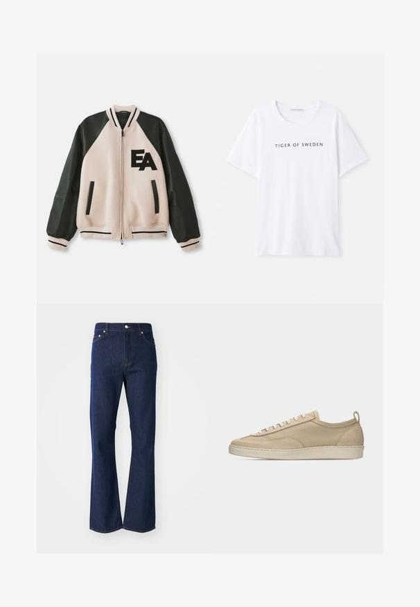 Μπεζ και μαύρο varsity jacket με δερμάτινα μανίκια, μπροστινό φερμουάρ, δύο κατακόρυες τσέπες και λογότυπο "EA" στο αριστερό στήθος.; Λευκό μπλουζάκι με στρογγυλή λαιμόκοψη και κοντά μανίκια. Μαύρο κείμενο που γράφει "TIGER OF SWEDEN" κεντραρισμένο στο μπροστινό μέρος. Απαλή υφή υφάσματος.; Μπλε τζιν παντελόνι με φαρδιά γραμμή, φτιαγμένο από τζιν ύφασμα. Διαθέτει πέντε τσέπες, μπροστινό φερμουάρ και μεταλλικό κλείσιμο με κουμπί. Κλασικές ραφές για επιπλέον λεπτομέρεια.; Μπεζ χαμηλά αθλητικά παπούτσια με ύφασμα και επάνω μέρος από σουέντ, άσπρα κορδόνια, λαστιχένια σόλα και θηλιά στο πίσω μέρος, εμφανιζόμενα στο πλάι σε λευκό φόντο.