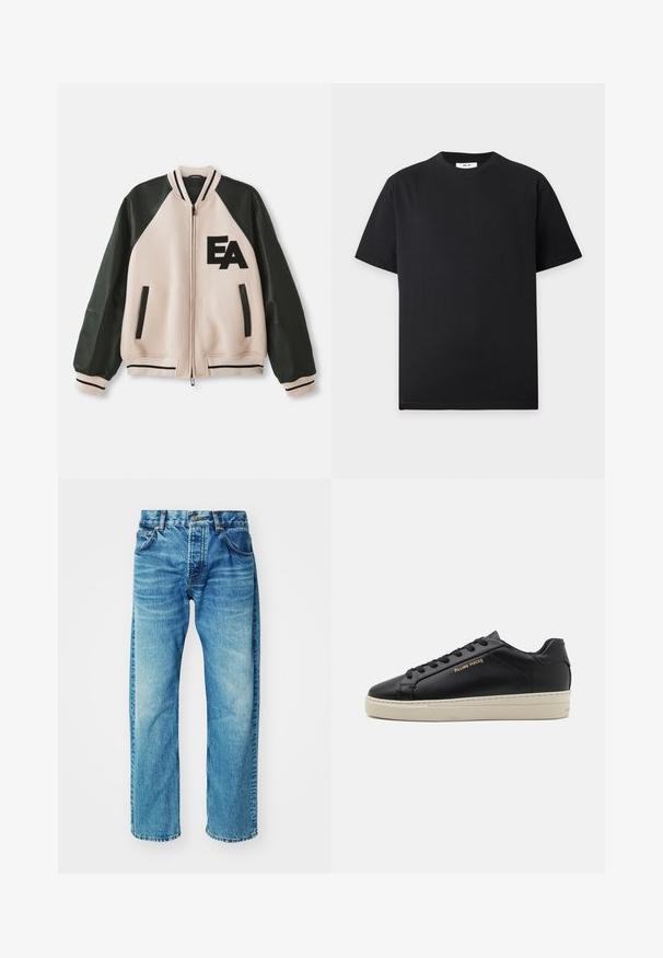 Beige og sort varsityjakke med læderærmer, frontlynlås, to lodrette lommer og "EA" logo på venstre bryst.; Simpel sort t-shirt med korte ærmer og rund halsudskæring med en lille hvid label inde i kraven på en lys grå baggrund.; Blå denimjeans med en afslappet pasform, der har fem lommer, en knaplukning og en subtil falming med en let, frayed kant.; Sorte lædersneakers med en glat finish, kontrasterende cremefarvet sål, rund tå, guld logo på siden og seks huller til snørebånd.