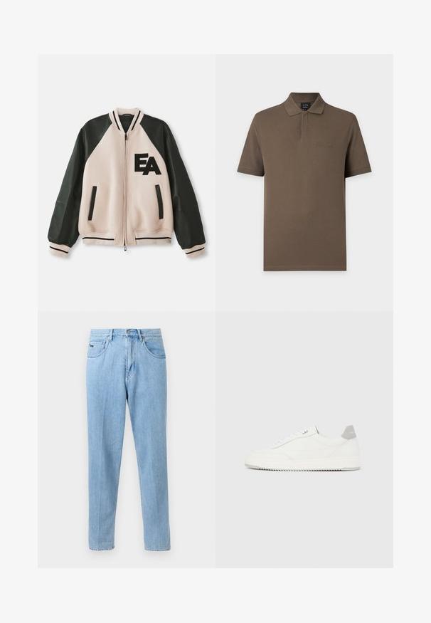 Beige und schwarze Collegejacke mit Lederärmeln, Frontreißverschluss, zwei vertikalen Taschen und "EA"-Logo auf der linken Brust.; Braunes kurzärmeliges Poloshirt mit Kragen und dezentem Armani Exchange Logo auf der linken Brust.; Hellblaue Jeans mit geradem Bein, ausgestattet mit Vordertaschen, Gürtelschlaufen und Knopfverschluss vor neutralem Hintergrund.; Weißer Sneaker mit niedrigem Schaft, grauem Fersenlaschen, weißen Schnürsenkeln und einer strukturierten Sohle, dargestellt vor einem schlichten hellen Hintergrund.