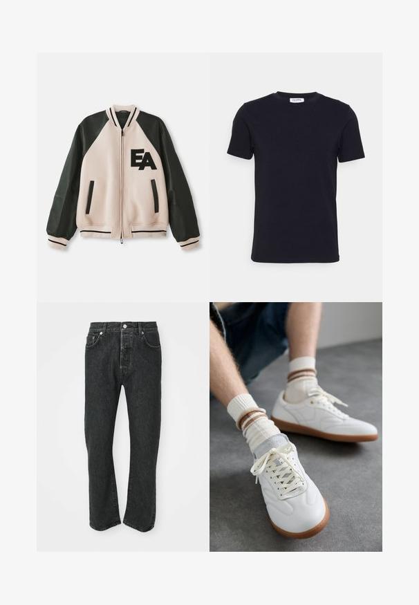 Beige und schwarze Collegejacke mit Lederärmeln, Frontreißverschluss, zwei vertikalen Taschen und "EA"-Logo auf der linken Brust.; Schwarzes T-Shirt mit kurzen Ärmeln und Rundhalsausschnitt, mit einem kleinen weißen Etikett auf der Innenseite des Kragens.; Schwarze gerade geschnittene Jeans aus Denim mit Knopf- und Reißverschluss vorne, vorne und hinten sichtbare Taschen auf weißem Hintergrund.; Weiße Ledersneaker mit glatter Textur, grauen Wildlederelementen, beigen Gummisohlen und flachen Schnürsenkeln. Kombiniert mit cremefarbenen und braun gestreiften Socken.