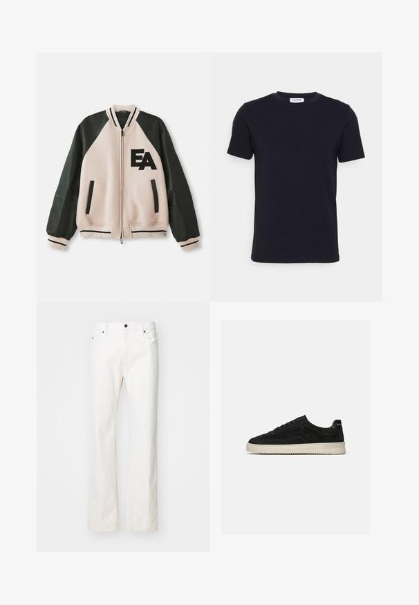 Beige en zwarte varsityjack met leren mouwen, voorzijde met rits, twee verticale zakken en 'EA' logo op de linkerkant van de borst.; Zwart T-shirt met korte mouwen en ronde hals, met een klein wit label aan de binnenkant van de halslijn.; Witte denim jeans met een rechte pijp ontwerp, voorzien van vijf zakken, een metalen knoopsluiting en minimale stikseldetails.; Zwarte suède lage sneaker met zwarte veters en witte rubberen zool, zijaanzicht op een effen lichtgrijze achtergrond.
