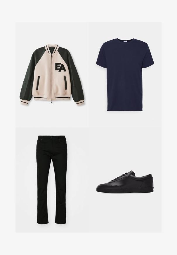 Beige und schwarze Collegejacke mit Lederärmeln, Frontreißverschluss, zwei vertikalen Taschen und "EA"-Logo auf der linken Brust.; Marineblaues T-Shirt mit kurzen Ärmeln aus weichem Stoff. Es hat einen Rundhalsausschnitt und einen geraden Schnitt ohne Muster oder Akzente.; Schwarze Denim-Jeans mit geradem Bein, fünf Taschen und Druckknopfverschluss. Glatte Textur mit dezenten Nähten.; Schwarzer flacher Leder-Sneaker mit Schnürung vorne und flacher Gummisohle, seitlich auf einem schlichten weißen Hintergrund gezeigt.