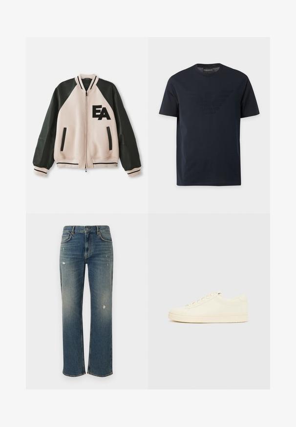 Μπεζ και μαύρο varsity jacket με δερμάτινα μανίκια, μπροστινό φερμουάρ, δύο κατακόρυες τσέπες και λογότυπο "EA" στο αριστερό στήθος.; Μαύρο κοντομάνικο μπλουζάκι με στρογγυλή λαιμόκοψη και διακριτικό ανάγλυφο λογότυπο αετού στο στήθος, καθώς και ετικέτα μάρκας μέσα στη λαιμοκόψη.; Τζιν παντελόνι σε μεσαία μπλε απόχρωση με ίσιο κόψιμο, που διαθέτει ελαφριά φθορά και σκισίματα. Κλασικός σχεδιασμός πέντε τσεπών και κλείσιμο με επάνω κουμπί.; Αθλητικό παπούτσι εκρού με λείο δερμάτινο πάνω μέρος, στρογγυλεμένη μύτη, κορδόνια στο μπροστινό μέρος και υφασμένο λαστιχένιο πέλμα. Μινιμαλιστικός σχεδιασμός, χωρίς λογότυπα.