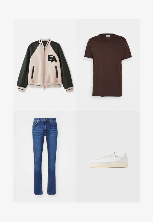 Beige og sort varsityjakke med læderærmer, frontlynlås, to lodrette lommer og "EA" logo på venstre bryst.; Filippa K ROLL NECK TEE - T-shirts basic - dark choco; Mørkeblå denim jeans med lige ben-design, prydet med subtil slid, fem lommer og knaplukning. Neutrale syninger som accent.; Hvid sneakers med en øvre del i tekstureret ruskind og læder. Har rundet tå, snørelukning og kontrasterende beige gummisål.
