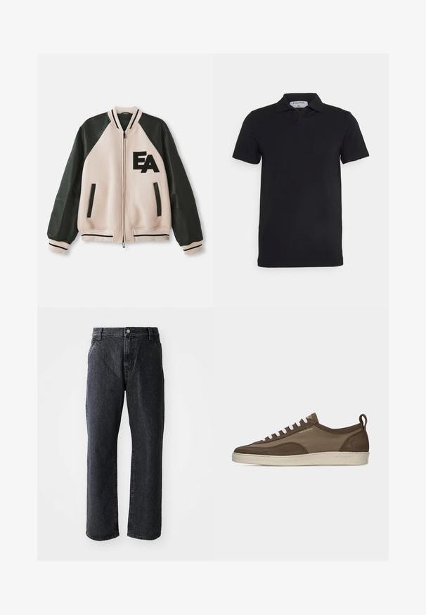 Beige en zwarte varsityjack met leren mouwen, voorzijde met rits, twee verticale zakken en 'EA' logo op de linkerkant van de borst.; Zwart polosjaal met korte mouwen en een klassieke kraag, gemaakt van gladde stof. Heeft een label met de merknaam 'Filippa K' op de hals.; Zwarte denim jeans met een rechte pijp, voorzien van een knoopsluiting, vijf zakken en een subtiele textuur. Klassiek ontwerp zonder opvallende patronen.; Lage bruine sneaker met witte veters, beige zool, bovenwerk van stof en suède, zijlus en "Tiger of Sweden" logo in gouden tekst.