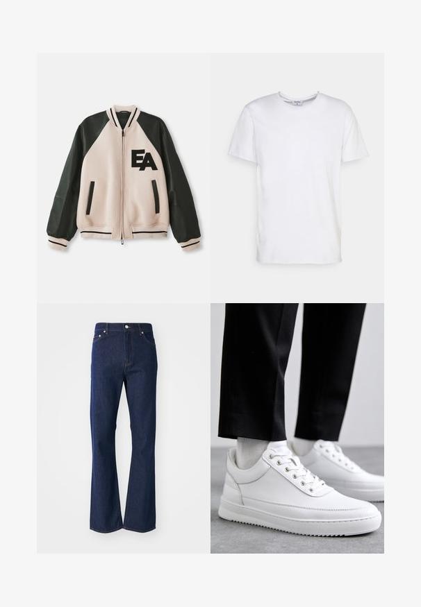Beige og sort varsityjakke med læderærmer, frontlynlås, to lodrette lommer og "EA" logo på venstre bryst.; Hvid kortærmet t-shirt lavet af bomuld. Har en rund halsudskæring og en afslappet pasform uden synlige mønstre eller detaljer.; Flarvede mørkeblå jeans lavet af denim. Har fem lommer, en front lynlås og en metalknaplukning. Klassiske syninger som detaljer.; Hvide lædersneakers med en flad gummisål, der har en glat overflade, rund tå og metaløjer til snørebånd. Bæret med sorte bukser.
