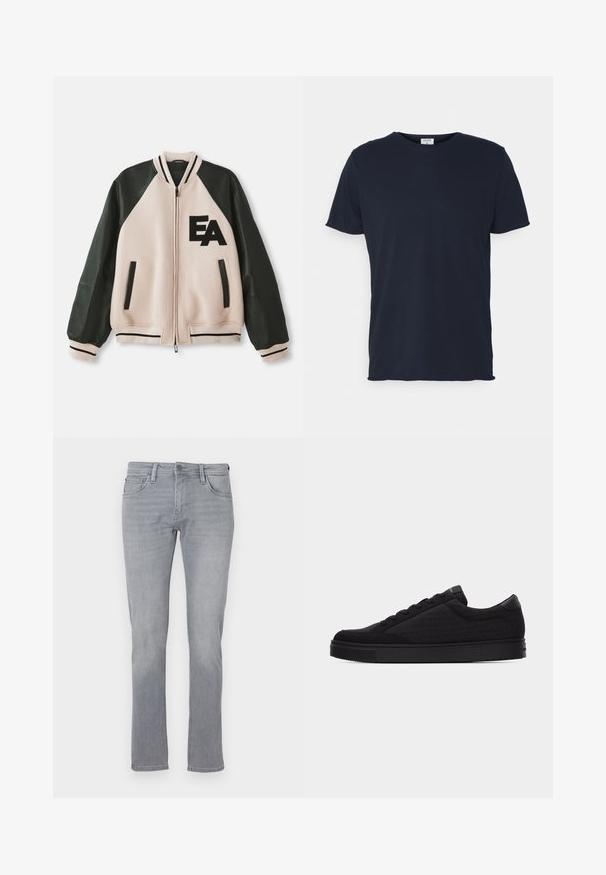 Beige en zwarte varsityjack met leren mouwen, voorzijde met rits, twee verticale zakken en 'EA' logo op de linkerkant van de borst.; Navyblauwe katoenen t-shirt met ronde hals en korte mouwen, met een gladde textuur en eenvoudig ontwerp, zonder zichtbare patronen of accenten.; Grijze denim jeans met een rechte pijp, voorzien van een sluiting met een knop en rits aan de voorkant, vijf zakken en subtiele vervagingen overal.; Zwarte lage sneaker met tonale logo-print, vetersluiting en platte zool tegen een effen lichte achtergrond.