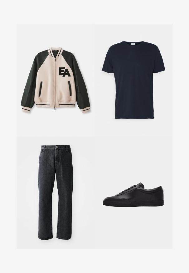 Beige und schwarze Collegejacke mit Lederärmeln, Frontreißverschluss, zwei vertikalen Taschen und "EA"-Logo auf der linken Brust.; Marineblaue Baumwoll-T-Shirt mit Rundhalsausschnitt und kurzen Ärmeln, mit einer glatten Oberfläche und einfachem Design, ohne sichtbare Muster oder Akzente.; Schwarze Denim-Jeans mit geradem Schnitt, ausgestattet mit einem Knopfverschluss, fünf Taschen und subtiler Textur. Klassisches Design ohne auffällige Muster.; Schwarzer flacher Leder-Sneaker mit Schnürung vorne und flacher Gummisohle, seitlich auf einem schlichten weißen Hintergrund gezeigt.