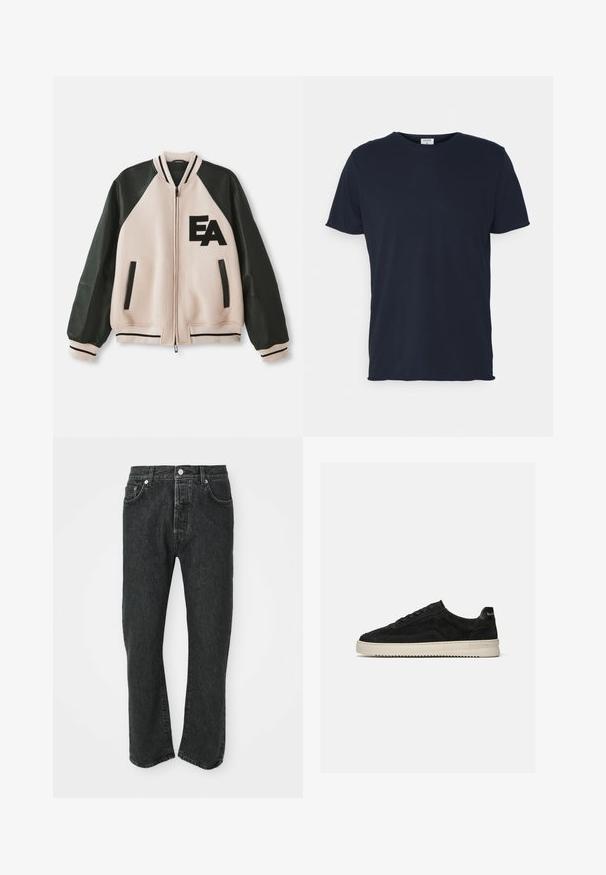 Beige en zwarte varsityjack met leren mouwen, voorzijde met rits, twee verticale zakken en 'EA' logo op de linkerkant van de borst.; Navyblauwe katoenen t-shirt met ronde hals en korte mouwen, met een gladde textuur en eenvoudig ontwerp, zonder zichtbare patronen of accenten.; Zwarte rechte denim jeans met een sluiting aan de voorkant met knoop en rits, met zichtbare voor- en achterkantzakken op een witte achtergrond.; Zwarte suède lage sneaker met zwarte veters en witte rubberen zool, zijaanzicht op een effen lichtgrijze achtergrond.