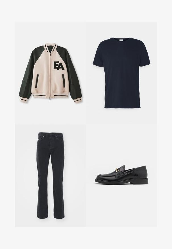 Beige og sort varsityjakke med læderærmer, frontlynlås, to lodrette lommer og "EA" logo på venstre bryst.; Marineblå bomulds t-shirt med rund hals og korte ærmer, med en glat tekstur og enkel design, uden synlige mønstre eller accenter.; Sorte denimjeans med lige ben-design, der har fem lommer og knappelukning. Stoffet har en subtil tekstur og en robust overflade.; Sorte læder loafers med en rund tå, der har guld hardware accent og syningsdetaljer, placeret på en lav, tekstureret gummisål.