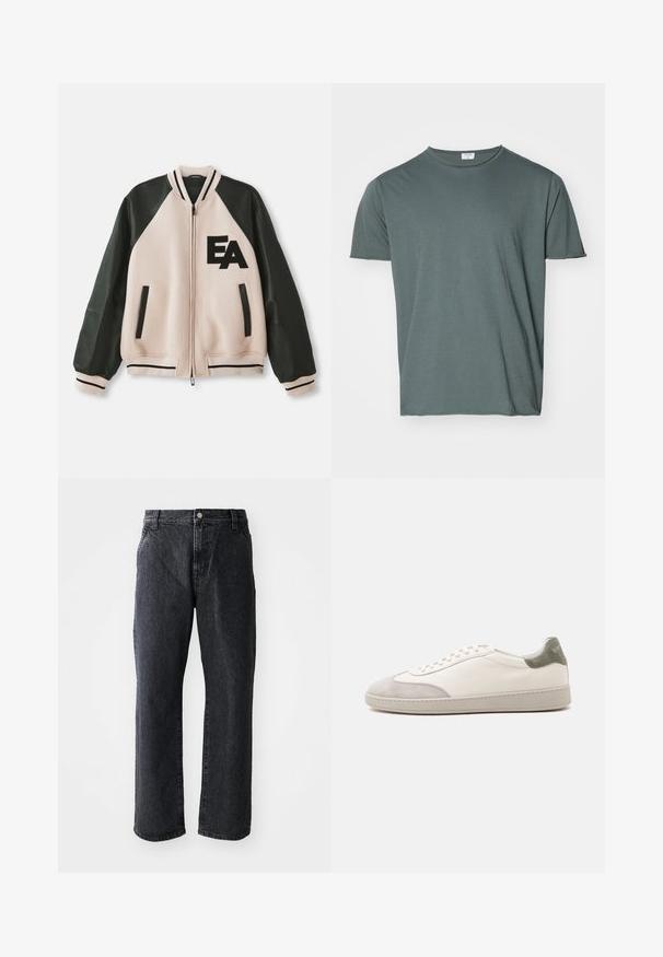 Beige und schwarze Collegejacke mit Lederärmeln, Frontreißverschluss, zwei vertikalen Taschen und "EA"-Logo auf der linken Brust.; Dunkelgrünes T-Shirt mit Rundhalsausschnitt, kurzen Ärmeln, weichem Stoff, lockerer Passform, glatter Textur, ohne sichtbare Muster oder Akzente.; Schwarze Denim-Jeans mit geradem Schnitt, ausgestattet mit einem Knopfverschluss, fünf Taschen und subtiler Textur. Klassisches Design ohne auffällige Muster.; Weißer niedriger Sneaker mit hellgrauen Wildleder-Akzenten an Zehen und Ferse, weißen Schnürsenkeln und einer flachen beigen Sohle, von der Außenseite gezeigt.