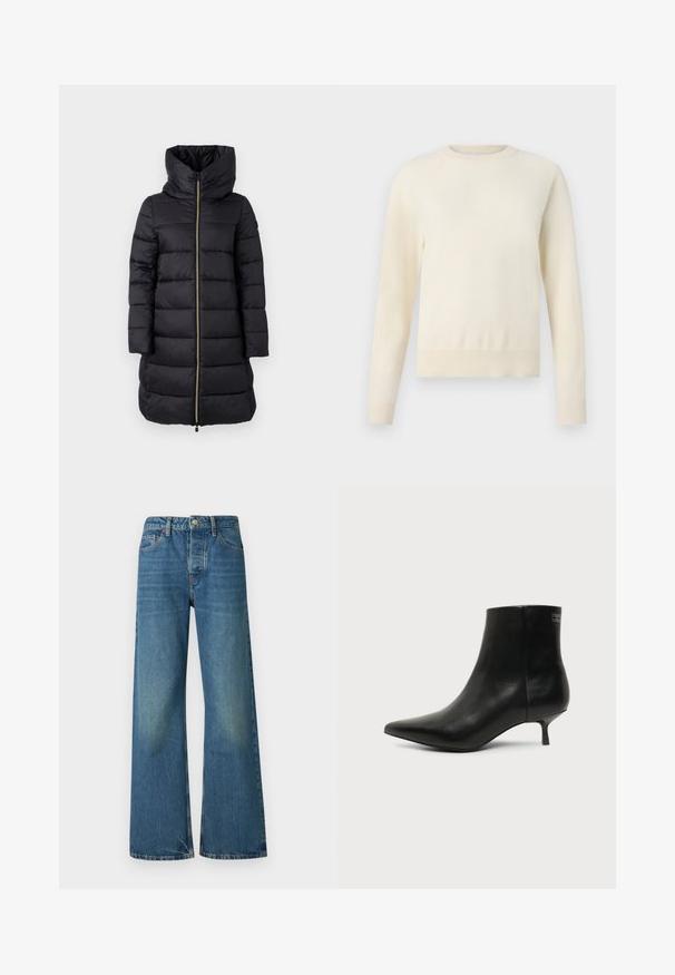 Manteau noir rembourré avec un col montant et une fermeture éclair sur toute la longueur. Présente un motif quilté horizontal et des manches longues.; Pull crème clair à manches longues, col rond et ourlet côtelé. Fabriqué en matériau doux, avec une texture lisse.; Jean en denim bleu à pattes larges avec un délavage, design à cinq poches et fermeture à bouton et fermeture éclair standard. Tissu en coton durable.; Bottine en cuir noir avec bout pointu et petit talon kitten sur fond clair, vue côté extérieur.