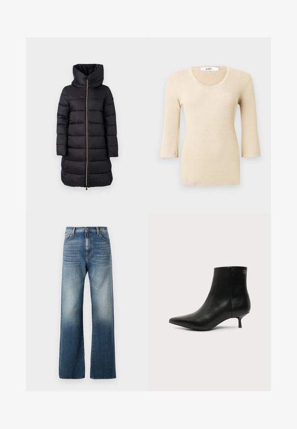 Manteau noir rembourré avec un col montant et une fermeture éclair sur toute la longueur. Présente un motif quilté horizontal et des manches longues.; Top à manches longues en beige côtelé avec un décolleté arrondi. La texture est lisse et ajustée. Des poignets évasés ajoutent un détail de design subtil.; Jean en denim bleu à jambes larges avec une finition délavée, doté d'une fermeture à bouton et d'un design traditionnel à cinq poches. Texture lisse sur l'ensemble.; Bottine en cuir noir avec bout pointu et petit talon kitten sur fond clair, vue côté extérieur.