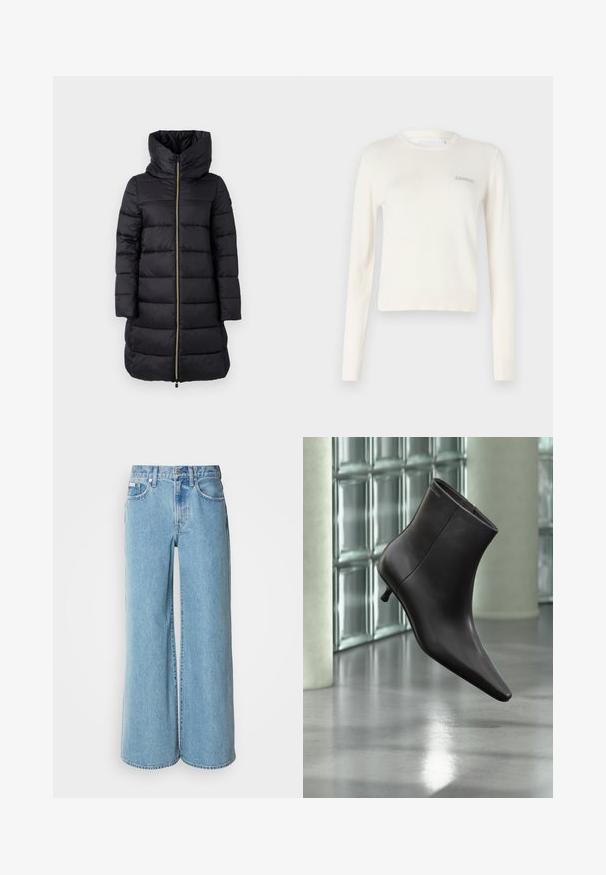 Manteau noir rembourré avec un col montant et une fermeture éclair sur toute la longueur. Présente un motif quilté horizontal et des manches longues.; Pull en crème à manches longues avec un col et des poignets côtelés. Présente un logo discret "2ND DAY" sur la zone gauche de la poitrine. Texture douce.; Jean large bleu clair en denim, avec une taille haute, un design à cinq poches et un léger dégradé sur le tissu.; Bottine en cuir noir avec bout pointu et petit talon, présentée devant un mur en blocs de verre et un sol poli.