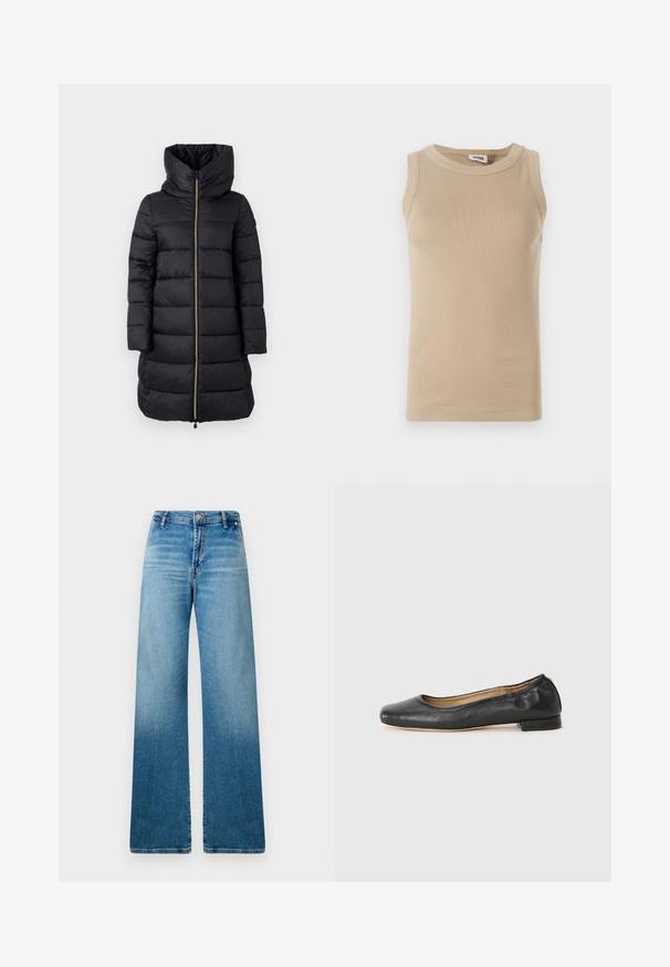 Manteau noir rembourré avec un col montant et une fermeture éclair sur toute la longueur. Présente un motif quilté horizontal et des manches longues.; Top sans manches beige en tissu côtelé avec un col rond, présentant des coutures ton sur ton et un design ajusté.; Jean large en denim bleu clair, avec un design classique à cinq poches et une texture en dégradé subtil allant du bleu plus foncé au bleu plus clair.; Ballerines en cuir noir avec un bout arrondi et des coutures minimales. Talon bas et rectangulaire avec une texture lisse. Détails subtils de doublure intérieure.