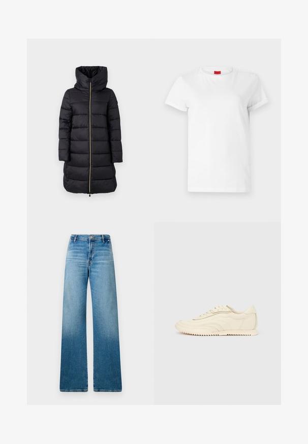Manteau noir rembourré avec un col montant et une fermeture éclair sur toute la longueur. Présente un motif quilté horizontal et des manches longues.; T-shirt blanc à manches courtes en coton léger. Présente un col rond et des manches retroussées. Étiquette logo rouge sur le col.; Jean large en denim bleu clair, avec un design classique à cinq poches et une texture en dégradé subtil allant du bleu plus foncé au bleu plus clair.; Baskets basses de couleur crème avec des coutures ondulées, une fermeture à lacets et une semelle crantée, vues de côté sur un fond uni.
