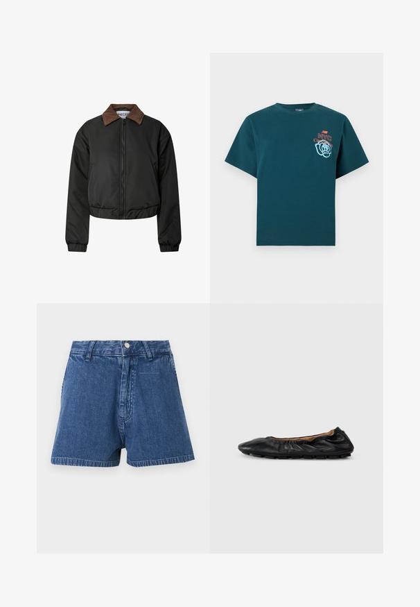 Chaqueta negra corta con cuello de pana marrón, cremallera frontal, puños elásticos y dobladillo, presentada sobre fondo blanco.; Camiseta de manga corta color verde azulado oscuro con texto "NYC City park tour" y gráfico floral azul en el pecho izquierdo.; Shorts de mezclilla azul con cintura alta, cierre de botones, trabillas para el cinturón y dobladillo corto sobre un fondo liso.; Bailarina de cuero negro con detalles fruncidos en el cuello, punta redondeada y suela de goma flexible. Textura suave en toda su superficie.