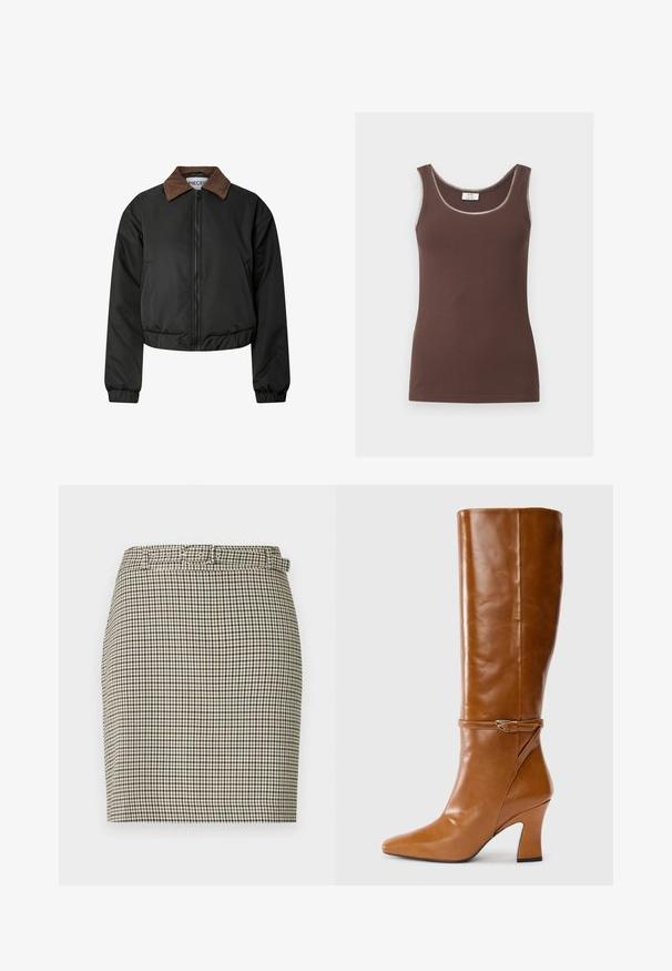 Chaqueta negra corta con cuello de pana marrón, cremallera frontal, puños elásticos y dobladillo, presentada sobre fondo blanco.; Camiseta de tirantes marrón acanalada con escote redondo y ribete claro en los bordes, presentada plana sobre fondo blanco.; Falda corta con estampado de pata de gallo, con esquema de color beige y negro, diseño ajustado y trabillas en la cintura.; Bota de cuero marrón hasta la rodilla con punta afilada y un diseño elegante. Presenta un detalle de hebilla y un tacón bloque medio para mayor estabilidad.