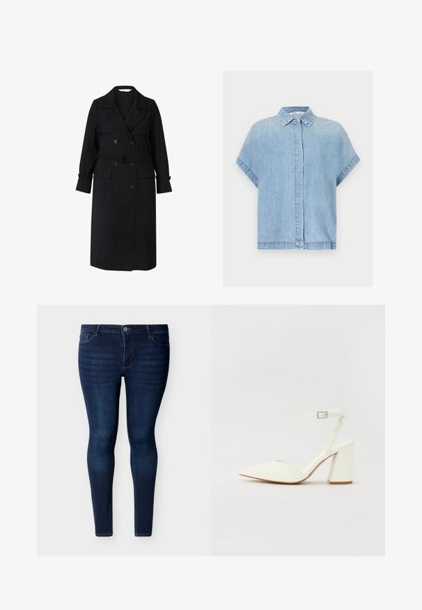 Sort dobbeltbrystet lang trenchcoat med bælte, slagkrave, knappede manchetter og forlommer med klap.; Lyseblå denim kortærmet skjorte med skjult knaplukning og klassisk krave, vist på hvid baggrund.; Mørkeblå skinny jeans med fem lommer, knaplukning foran og lynlås, vist på en hvid baggrund.; Hvide hælede sandaler med spids tå, justerbar ankelrem og en kraftig firkantet hæl. Glat tekstur med minimale syninger.