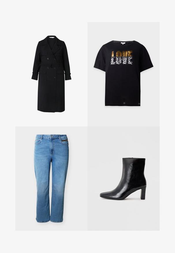 Sort dobbeltbrystet lang trenchcoat med bælte, slagkrave, knappede manchetter og forlommer med klap.; Sort t-shirt med korte ærmer med guld- og hvidt mønstret tekst, der lyder "LOVE" og mindre ord "KIND HEART BRAVE SOUL" ovenover.; Lyseblå jeans med lige ben, foran med knap og lynlås, for- og baglommer samt en lille lynlåslomme på forsiden til højre.; Sorte ankelstøvler lavet af blank læder, med spidse tæer og en mellemstor blokhæl, med en glat tekstur og et enkelt design.