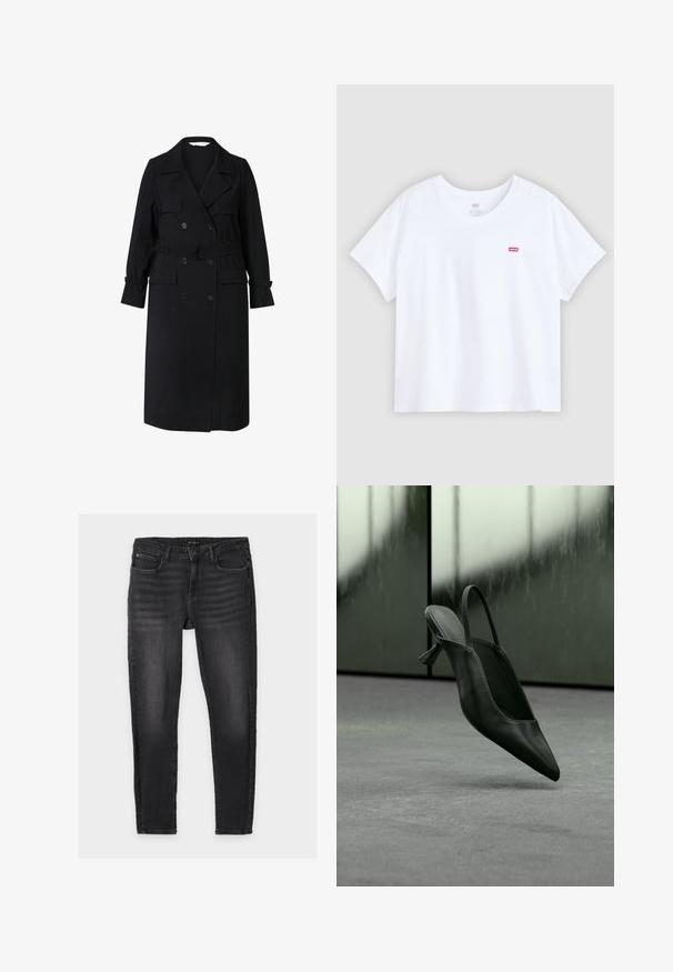 Sort dobbeltbrystet lang trenchcoat med bælte, slagkrave, knappede manchetter og forlommer med klap.; Hvid bomulds T-shirt med korte ærmer og rund hals. Har et lille rødt logo på venstre bryst. Glat texture og løs pasform.; Sorte skinny jeans med let falming på lår og knæ, klassisk femlommersdesign, knap- og lynlåslukning, lagt fladt på en hvid baggrund.; Sort læder slingback højhælet sko med spids tå svævende over gråt tæppe, sløret grønlig væg i baggrunden.