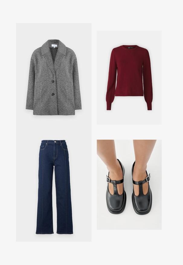 Grå, struktureret blazerjakke med tekstur, der har en spids krave, to knapper og lange ærmer. Stoffet har en blød finish og en fast form.; Bordeaux sweater lavet af blødt strikket stof med rund halsudskæring, lange ærmer og ribbede kanter og manchetter. Enkel, klassisk design.; Mørkeblåt denim brede ben jeans med fremtrædende syninger, høj talje og fem lommer. Har en front lukning med knap og lynlås.; Sorte lædersko med T-rem-design, lukket tå og sølvfarvede spændeaccenter. Glat tekstur med rundet tå og flad sål.