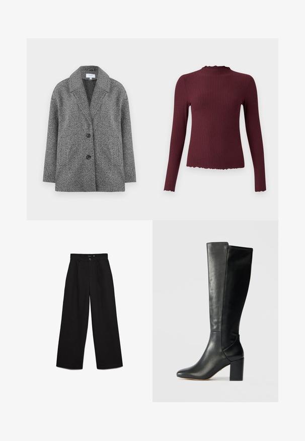 Grå, struktureret blazerjakke med tekstur, der har en spids krave, to knapper og lange ærmer. Stoffet har en blød finish og en fast form.; Bordeaux langærmet top, ribbet tekstur, høj hals med bølget kant, tætsiddende form, blødt stof og let cropped kant.; Sorte højtaljede bukser med vide ben, med knap- og lynlåslukning, bæltestropper og frontplissering.; Sort knælang støvle lavet af glat læder, der har en spids tå og en kraftig, firkantet hæl. Simpelt design med minimale syninger.