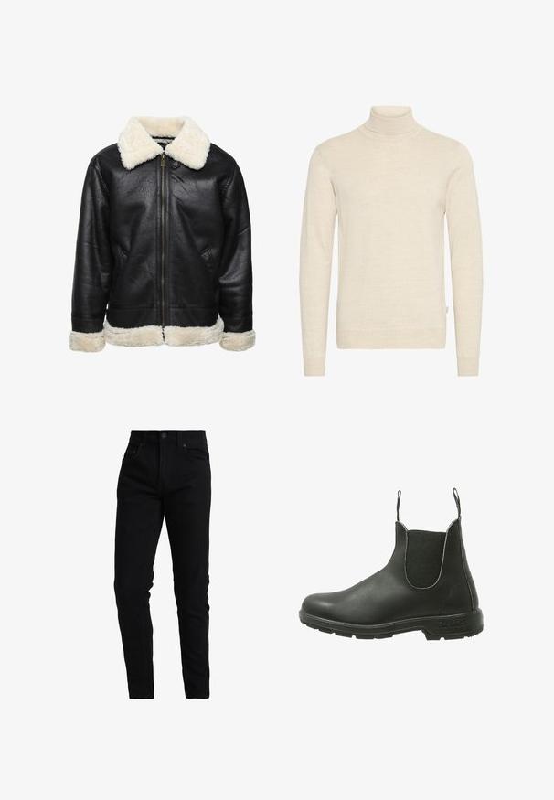 Chaqueta de cuero sintético negra con un cuello y puños de piel sintética blanca. Cuenta con un cierre frontal y bolsillos laterales. Superficie texturizada visible.; Jersey de cuello alto beige hecho de un tejido de punto suave. Presenta mangas largas y un diseño ajustado, con cuello y puños acanalados.; Jeans de mezclilla negra con un ajuste slim, que cuentan con una cintura de altura media, diseño de cinco bolsillos y sutilezas en los detalles de costura. Tejido de textura suave.; Bota Chelsea de cuero negro con paneles laterales elásticos, puntera redondeada y suela de goma texturizada, diseñada para un uso fácil al poner y quitar.