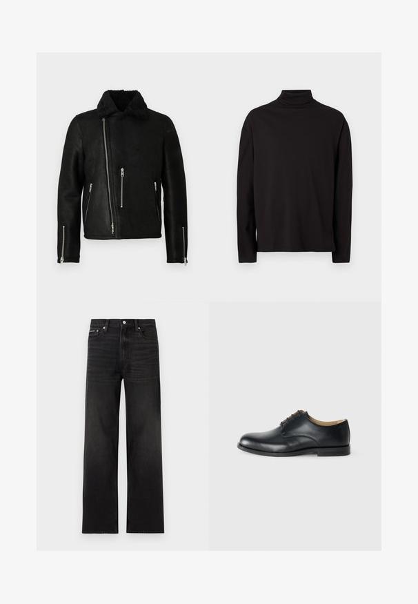 Chaqueta de cuero negra de estilo motero con cremallera frontal asimétrica, tres bolsillos con cremallera, cremalleras en los puños de las mangas y un suave collar de forro polar.; Suéter de cuello vuelto negro de manga larga, elaborado con una tela suave y lisa, que tiene un corte holgado y carece de patrones o acentos visibles.; Jeans negros de pierna recta con diseño de cinco bolsillos, presillas para cinturón y cierre de botón, mostrados sobre un fondo blanco.; Calvin Klein ESS DERBY - Zapatos de vestir - triple black