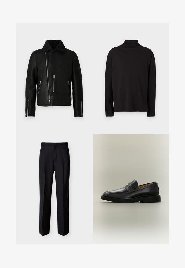 Chaqueta de cuero negra de estilo motero con cremallera frontal asimétrica, tres bolsillos con cremallera, cremalleras en los puños de las mangas y un suave collar de forro polar.; Suéter de cuello vuelto negro de manga larga, elaborado con una tela suave y lisa, que tiene un corte holgado y carece de patrones o acentos visibles.; Pantalones negros hechos a medida con corte recto, pinzas delanteras y bolsillos laterales. Elaborados con una tela suave y ligera con un patrón sólido.; Mocasín de hombre de cuero negro con tacón bajo y detalle de correa en la parte superior, mostrado de perfil sobre un fondo neutro.