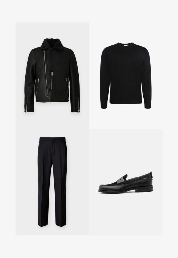 Chaqueta de cuero negra de estilo motero con cremallera frontal asimétrica, tres bolsillos con cremallera, cremalleras en los puños de las mangas y un suave collar de forro polar.; Jersey negro de manga larga con cuello redondo, tela con textura sutil y pequeño logo bordado en el pecho izquierdo.; Pantalones negros hechos a medida con corte recto, pinzas delanteras y bolsillos laterales. Elaborados con una tela suave y ligera con un patrón sólido.; Mocasín de cuero negro con detalle de tira gris, tacón bajo y suela texturizada, con la marca "HUGO" en oro en el lateral.