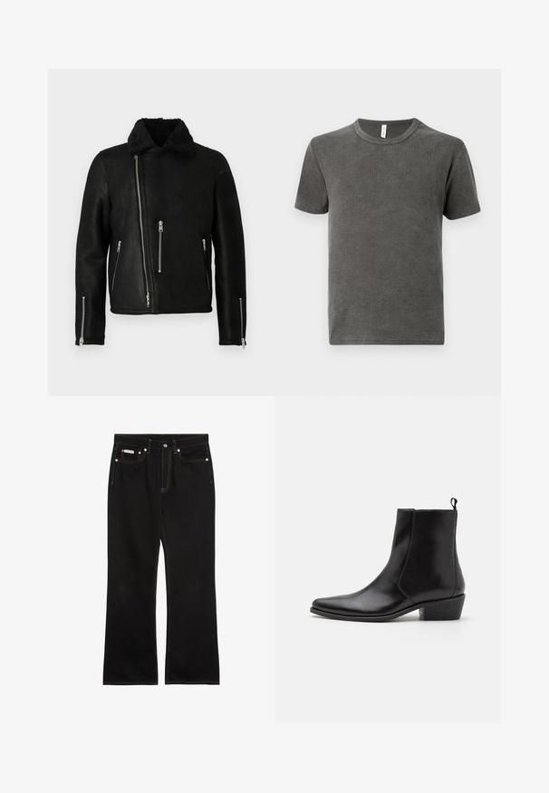Chaqueta de cuero negra de estilo motero con cremallera frontal asimétrica, tres bolsillos con cremallera, cremalleras en los puños de las mangas y un suave collar de forro polar.; Camiseta gris de cuello redondo hecha de una tela suave, con mangas cortas y un dobladillo recto. Textura lisa sin patrones ni acentos visibles.; Vaqueros negros de pierna recta con costuras naranjas, cinco bolsillos, cierre de botón y una pequeña etiqueta Calvin Klein en el bolsillo delantero derecho.; Zign LEATHER - Botines camperos - black