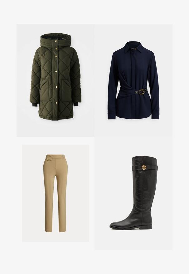 Olivgrüne gesteppte Pufferjacke mit Kapuze, goldenen Druckknöpfen, Seiten taschen und schwarzen Strickbündchen. Verfügt über einen geraden Schnitt.; Marineblaue Langarmbluse mit Kragen, gedrehtem Vorderteil und einem schwarzen Gürtel mit goldener Schnalle und Nietenakzenten. Weiche Stoffstruktur.; Beige Slim-Fit-Hosen für Frauen mit hoher Taille, zwei Knöpfen an der Seite und einer kleinen Knopftasche nahe des Bundes.; Tory Burch T LOCK RIDING BOOT - Stiefel - perfect black