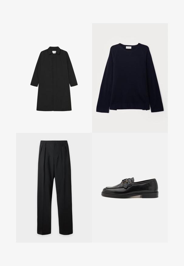 Manteau noir style trench avec un design minimaliste, présentant une silhouette droite, des manches longues, des poches latérales et une fermeture à boutons.; OFFICINE GENERALE NATE CNECK - Pullover - black; Pantalon noir taille haute, sur-mesure, avec passants pour ceinture, plis sur le devant, fermeture par bouton et jambes droites larges sur fond clair.; Mocassins en cuir noir avec un bout arrondi et une boucle décorative. Talon plat, solide et texture lisse sur l'ensemble.