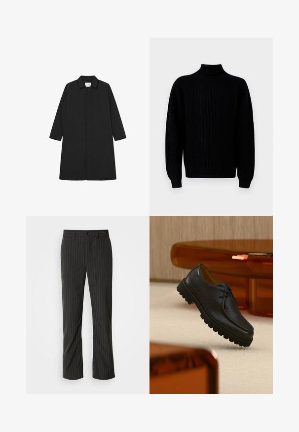 Sort trenchcoat med et minimalistisk design, der har en lige silhuet, lange ærmer, sidelommer og en knaplukning.; Sort ribbestrikket sweater med lange ærmer og høj mock neck krave, præsenteret på en hvid baggrund.; Sorte skræddersyede bukser med lige snit. Har en glat tekstur, frontlukning med knap og bæltestropper.; Sort tekstureret lædersko med snørebånd og tyk rillet sål, mærket "HUGO" nær hælen, vist mod et beige tæppe og ravfarvet møbel.