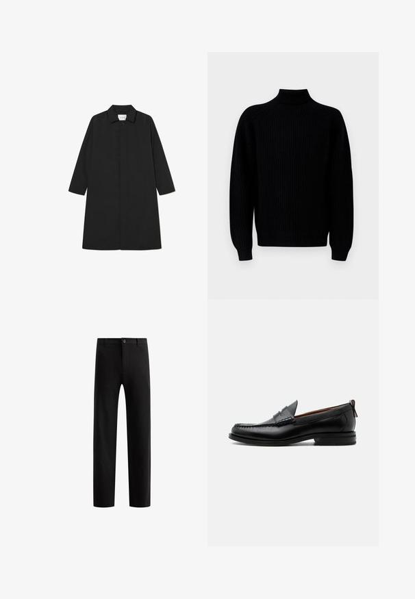 Sort trenchcoat med et minimalistisk design, der har en lige silhuet, lange ærmer, sidelommer og en knaplukning.; Sort ribbestrikket sweater med lange ærmer og høj mock neck krave, præsenteret på en hvid baggrund.; Sorte skræddersyede bukser med flad front, lige ben, enkelt knaplukning og bæltestropper, lavet af et glat stof uden synlige mønstre.; Sort læder herre loafer med moc-tå syning, penny strop, struktureret krave og lav stablet hæl på hvid baggrund.