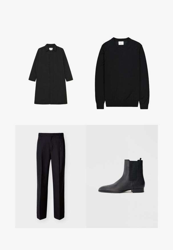 Sort trenchcoat med et minimalistisk design, der har en lige silhuet, lange ærmer, sidelommer og en knaplukning.; Sort strikket sweater med rund halsudskæring, lange ærmer, ribbede manchetter og kant. Mærke med "NN. 07" vist ved halsen.; Sorte skræddersyede bukser med lige snit, foldet forstykke og sidelommer. Fremstillet af et glat, let stof med et ensartet mønster.; Sort læder Chelsea-støvle med elastiske sidepaneler og lav stakket hæl, vist i profil på en enkel lys baggrund.