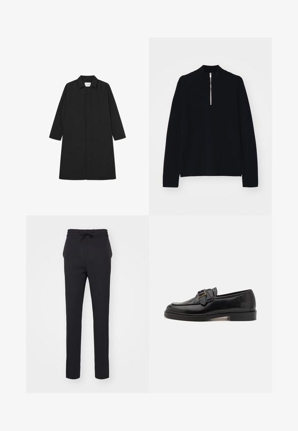 Sort trenchcoat med et minimalistisk design, der har en lige silhuet, lange ærmer, sidelommer og en knaplukning.; Sort langærmet top lavet af et blødt materiale, med en høj mock-neck og en halv lynlås foran, med en afslappet pasform.; Sorte, tætsiddende bukser lavet af et blødt stof. Har en elastisk talje med snore og sidelommer med en glat overflade.; Sorte læder loafers med rund tå og en dekorativ spændeaccent. Flad, solid hæl og glat tekstur hele vejen igennem.