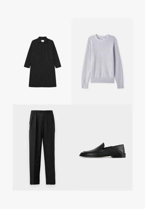 Sort trenchcoat med et minimalistisk design, der har en lige silhuet, lange ærmer, sidelommer og en knaplukning.; Lysegrå strikket sweater med rund halsudskæring, lange ærmer, ribbet manchetter og kant, prydet med et struktureret vævemønster hele vejen igennem.; Sorte plisserede bukser med et skrædderlavet design, fremstillet af glat stof, med knaplukning og lige ben.; Sort læder slip-on loafer med lav hæl og rundet tå, vist på en simpel hvid baggrund.