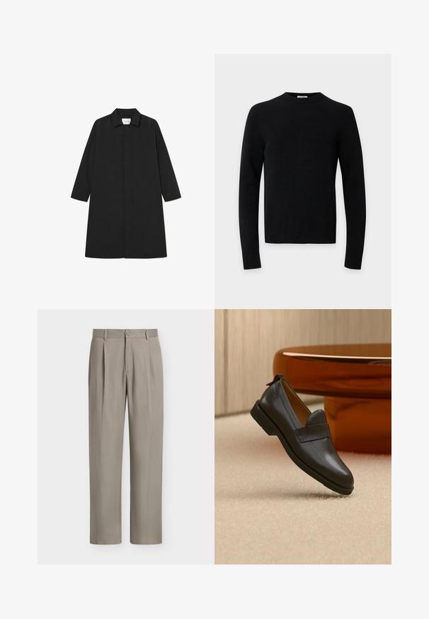 Manteau noir style trench avec un design minimaliste, présentant une silhouette droite, des manches longues, des poches latérales et une fermeture à boutons.; Pull noir à manches longues avec col rond, ourlet et poignets côtelés sur un fond gris clair uni.; Pantalon beige droit avec passants de ceinture, plis à l'avant, taille boutonnée et braguette zippée, présenté sur un fond clair uni.; Mocassin en cuir noir à talon bas flottant au-dessus d'un tapis beige, à côté d'une table brillante couleur ambre dans une pièce minimaliste.