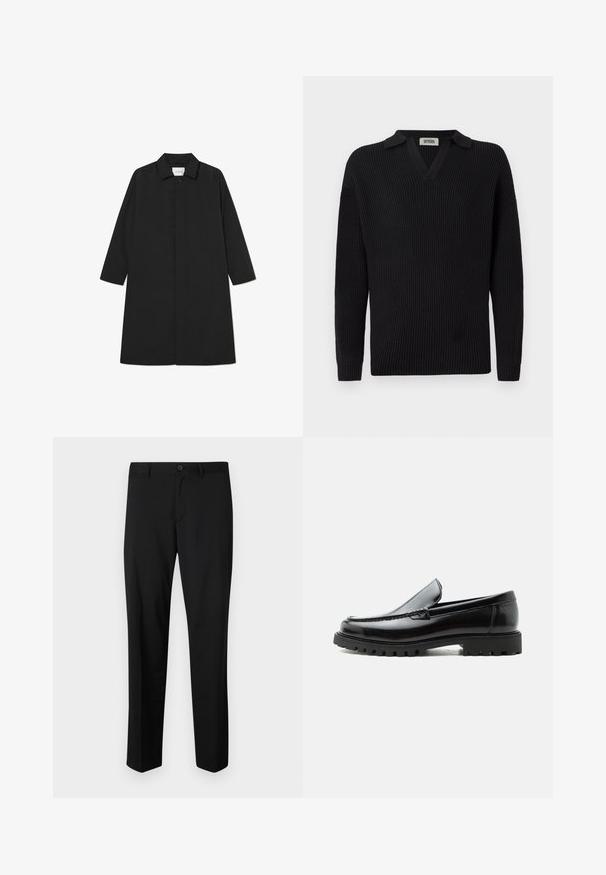 Sort trenchcoat med et minimalistisk design, der har en lige silhuet, lange ærmer, sidelommer og en knaplukning.; Sort ribbet striktrøje med v-udskæring og kort krave, med lange ærmer og et enkelt design med en enkelt brystlomme.; Sorte skræddersyede bukser med flad front, standard talje og lige ben. Lavet af glat stof, med en enkelt knaplukning.; Sort læderloafer med chunky gummisål, syet overdel og præget mærkenavn på hælen, vist i sideprofil på hvid baggrund.