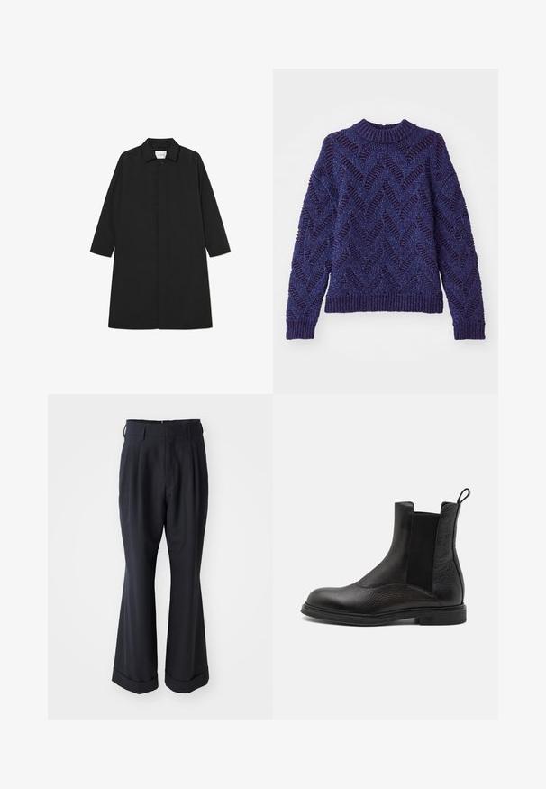 Sort trenchcoat med et minimalistisk design, der har en lige silhuet, lange ærmer, sidelommer og en knaplukning.; Henrik Vibskov FLAT CREWNECK - Striktrøje - navy; Sorte skræddersyede bukser med en afslappet pasform, plisseret forside og vide ben. Har en opsmøg i bunden og en glat stofstruktur.; Emporio Armani Støvletter - nero